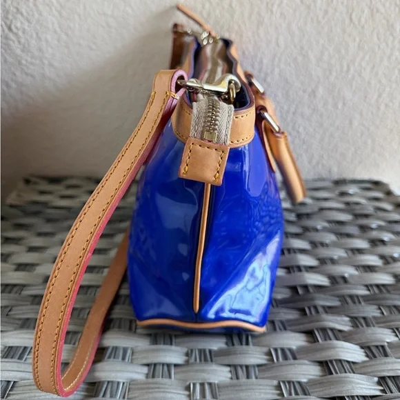 Dooney & Bourke Patent Leather Small Zip Satchel Electric Blue & Tan Trim - Picture 6 of 16